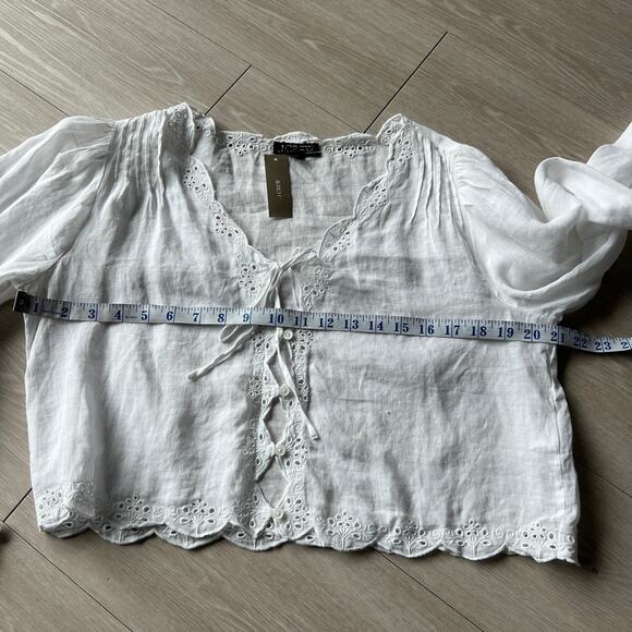 J Crew Scallop Trim Tie Front Top In Ramie Small Cropped Sheer White Flaw - Picture 6 of 14